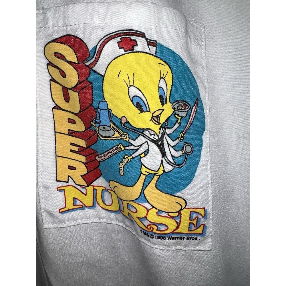 Vtg 90s Looney Tunes Tweety Bird Scrub Top Super Nurse White L/XLX - Picture 2 of 13